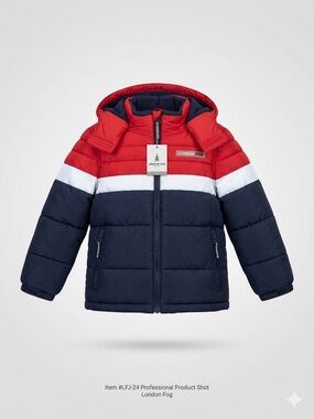 London Fog Colorblock Hooded Puffer Jacket in Red, White & Navy